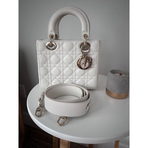 Dior Lady Dior Medium Crossbody Purse, Authentic White with Gold Hardware - Picture 1 of 10